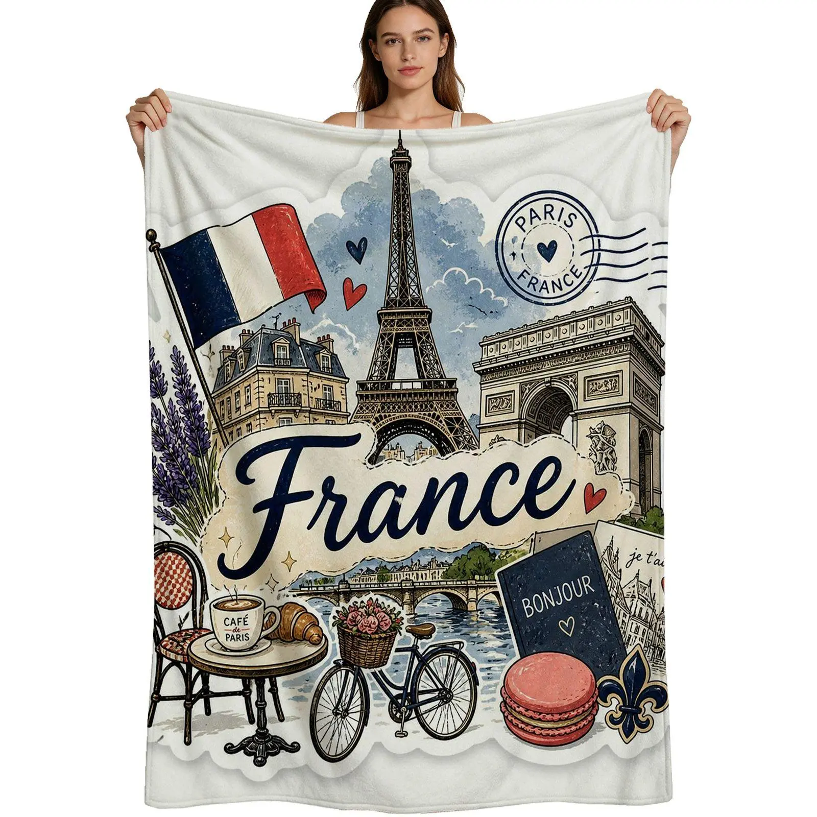 Warm Flannel Blanket - French Parisian Look, Eiffel Tower & Cafe Pattern, Soft Fleece Material, Multi-Size (4 Options), Travel Home Use, Single Pack Warm & Cozy Throw