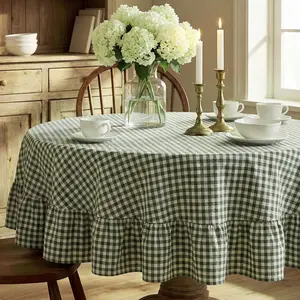 Mindsoft Green Gingham Ruffled Tablecloth 70 X 70 Inches round Cotton Linen Checkered Table Cloth Buffalo Plaid Farmhouse Vintage Decorative Tablecover for Picnic Kitchen Dining Room Home Party