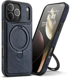 Summervibes VIVINIKO Magnetic Leather Case for iPhone 17 Pro Max/Pro/Air Invisible Stand Slim Kickstand Compatible with MagSafe Blue