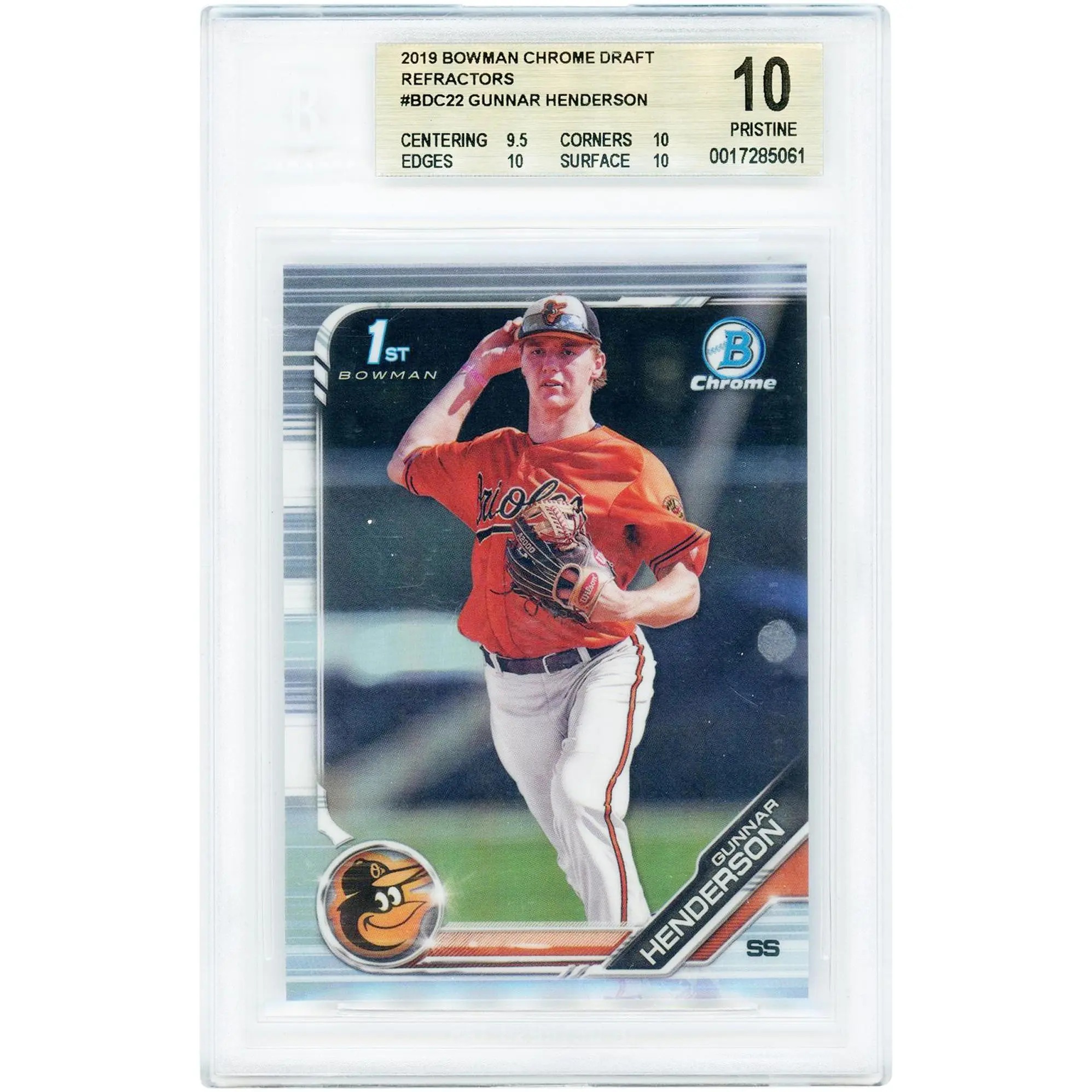 Gunnar Henderson Baltimore Orioles 2019 Bowman Chrome Refractor #BDC-22 BGS Authenticated 10 Card - 9.5,10,10,10 Subgrades - Fanatics Authentic Certified