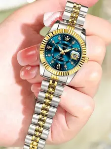 Kasrluo New Stainless Steel Couple Quartz Watch, Roman Numerals, Diamond Bezel, Mineral Glass, Date Calendar, Luminous, Fashionable, Buckle Closure, Quartz Movement, Ideal Gift