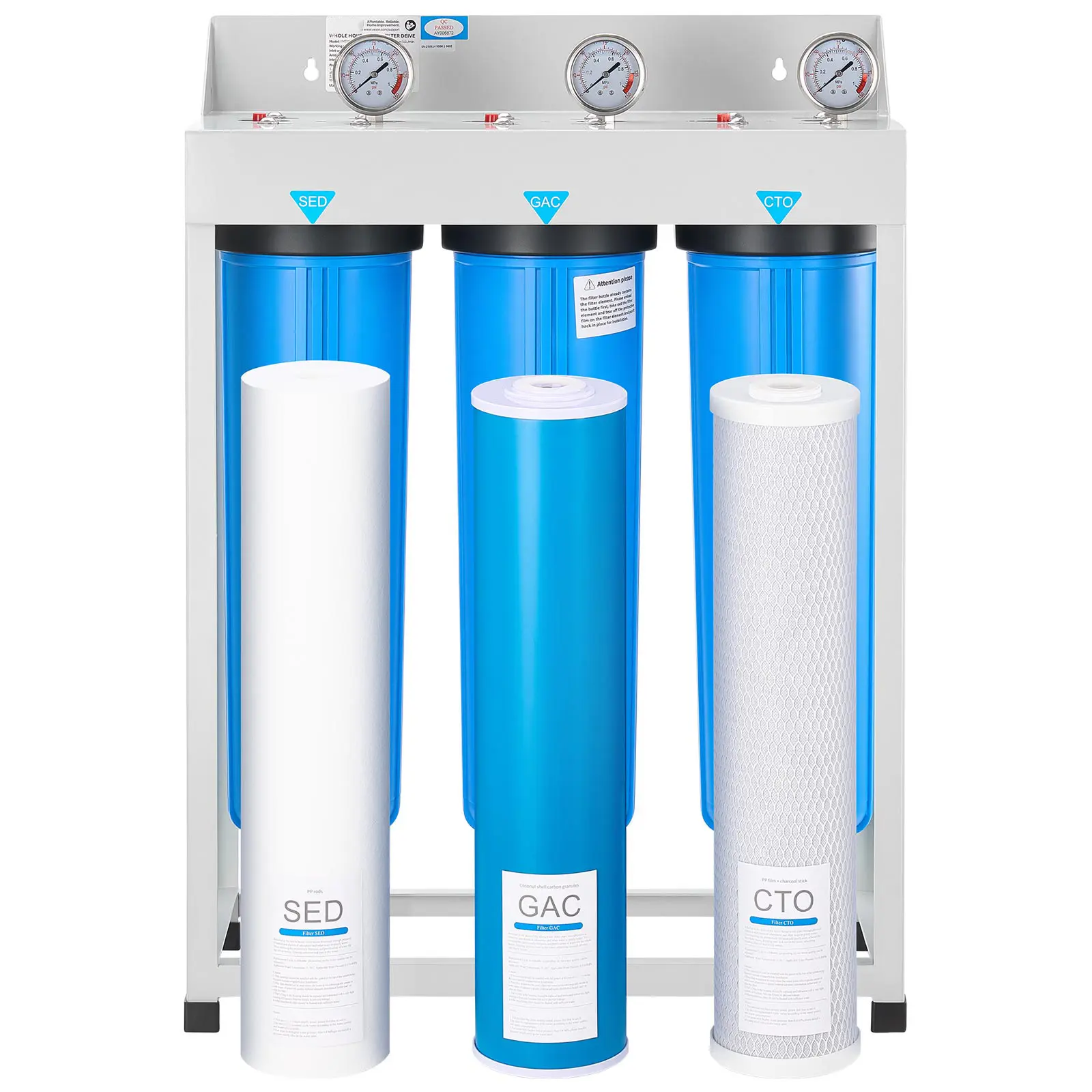 Whole House Water Filter System, 3-Stage, Sediment, GAC, CTO, 4.5" x 20" Home Water Purifier Filter Reduce Chlorine, Chemicals, VOCs, Bad Taste, Odor, Rust
