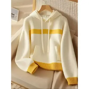 Women's Casual Knit Hoodie Pullover Sweater, Patchwork Design, Side Pockets, Fitted Style, Fall Winter Wear, Womenswear