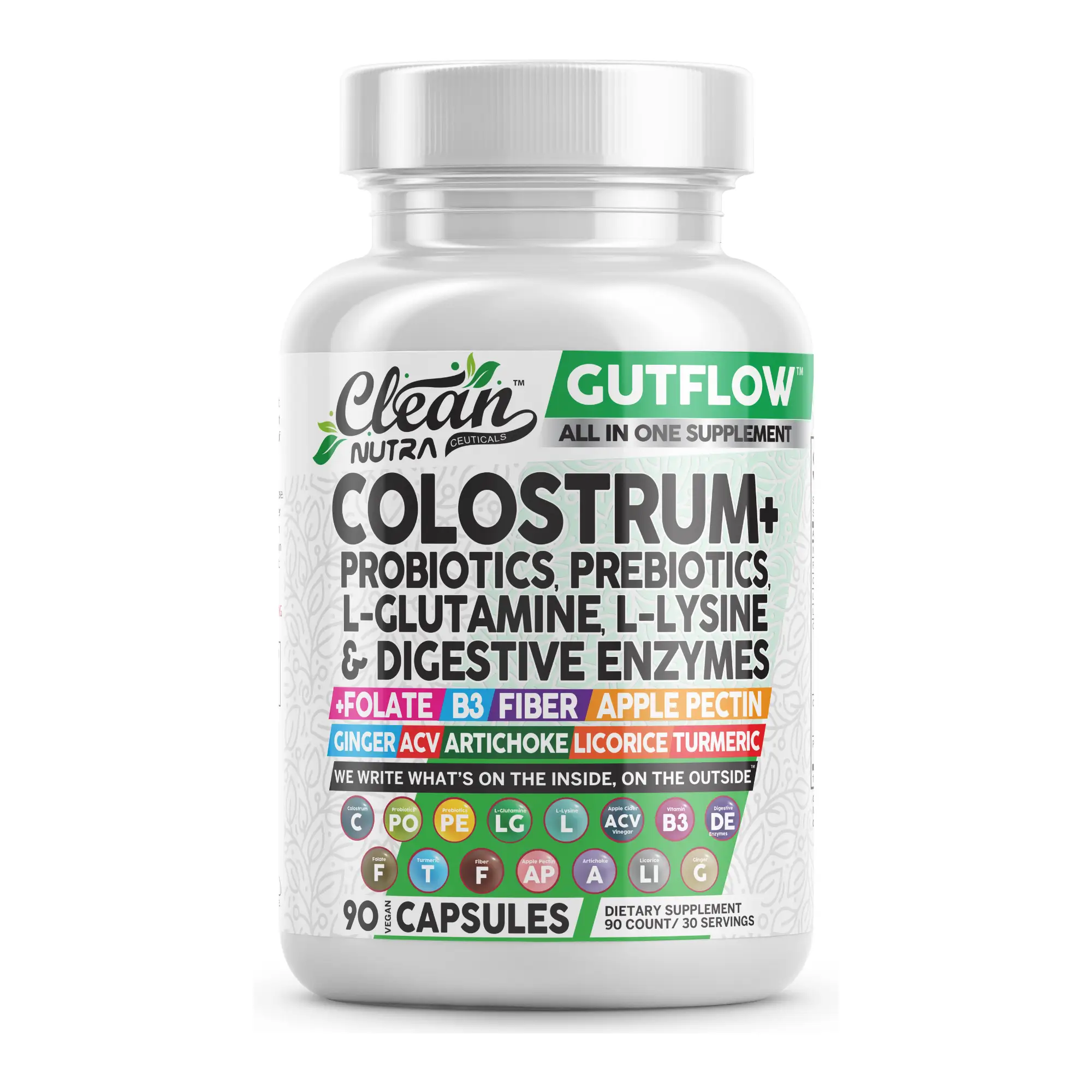 Clean Nutra - GutFlow Colostrum Supplement Capsules Probiotics Pills Prebiotics, L-Glutamine, Digestive Enzymes, Folate, Fiber, ACV, Turmeric, Apple P