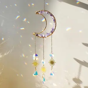 Amethyst Suncatcher Moon Crystal Gemstone Windchime Sun Catcher Home Decor Rainbow Crystal Window Yard Garden Decoration Outdoor