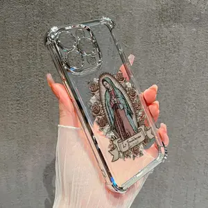 Virgin Mary Pattern Four Corner Anti-Fall Phone Case Transparent Electroplated Protective Cover for iPhone 17 Pro Max 16 Plus 15 14 13 12 11 E.QXA307.designer,case Cellphone Protection