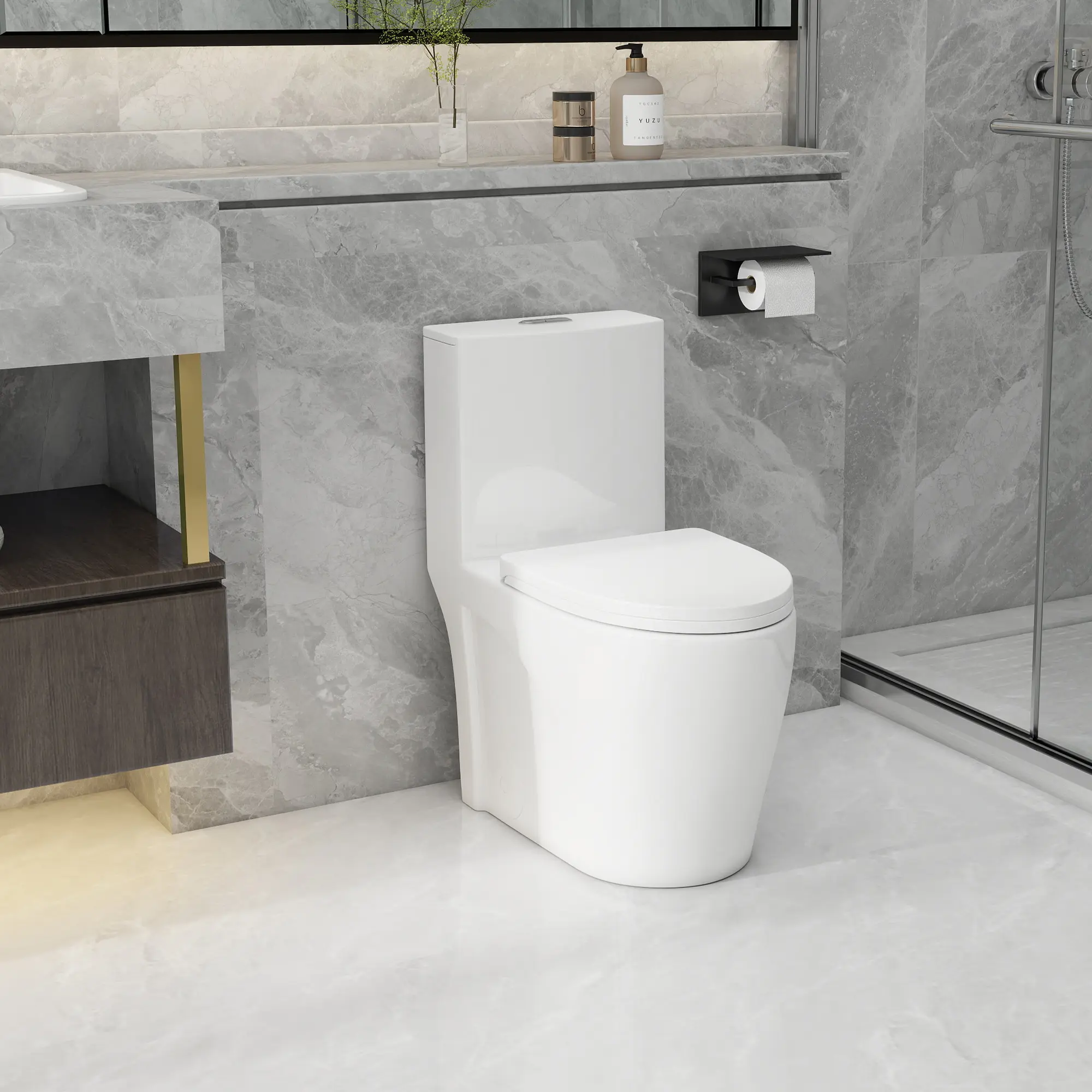 Compact extended one-piece bright white toilet, ADA 17 inch comfortable seat height, Watersense dual cyclone flushing system 1.1/1.6 GPF, siphon S-shaped water trap, 12 inch pre embedded bathroom toilet with gentle descent seat