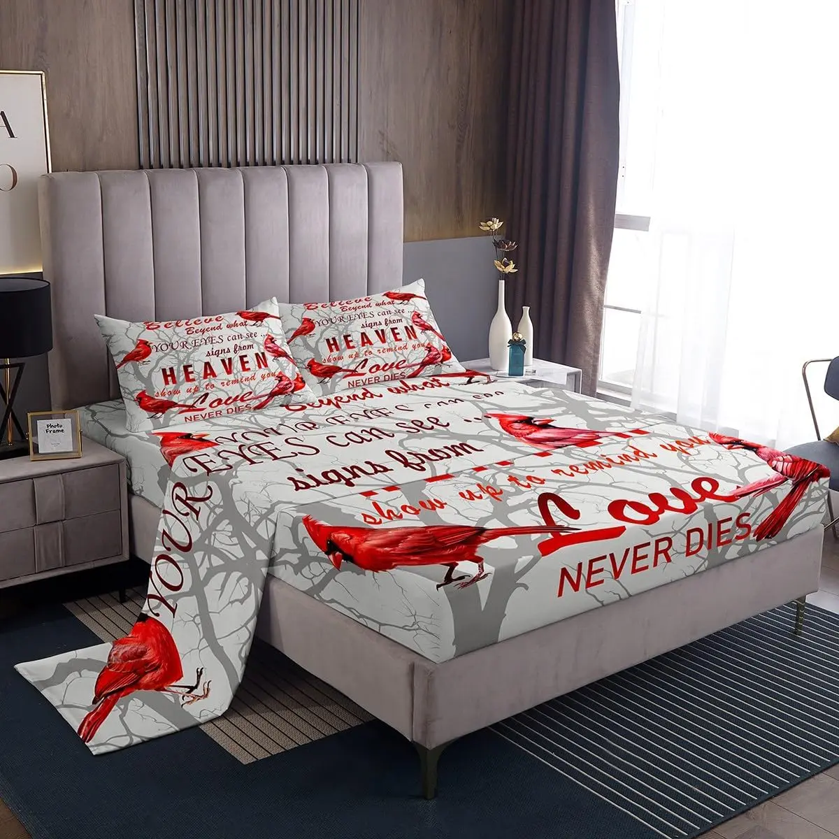 Cardinal Bird Sheet Set,Farmhouse Red Birds Bed Sheets Set,Tree Branches Decor Sheets,Nature Theme Luxury Bedding Set,with Deep Pocket Fitted Sheet