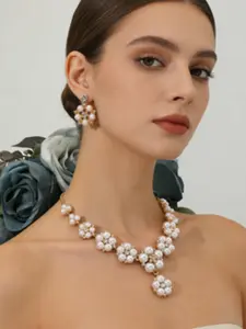 French Elegance Pearl Three-Piece Set, 18k Gold Plated Necklace Earrings Ring, Casual All-Season Accessories, Choker Chain Material