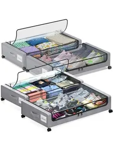 Under Bed Storage with Wheels, 4 Pack Under Bed Storage Containers with Dividers & Clear , XXL 65L Under the bed storage Organizer Bins, Underbed Storage with Wheels for Clothes,Shoes,Toys - Gray