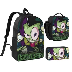 3pcs Invader zim Backpack Set Invader zim stuff Outdoor Daypack with Insulated Lunch Bag & Pencil Pouch Invader zim merch Ultra Lightweight Backpack for Camping, Picnic, Daily Commute, School & Office Perfect Birthday, Holiday & Back to School Gift