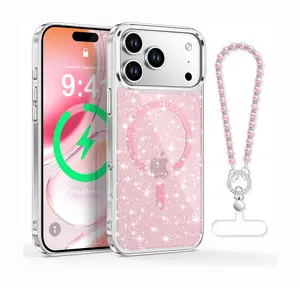 XYZ Magnetic for iPhone 16 17 Pro Max Case Compatible with MagSafe Pearl Charms Wrist Cute Clear Bling Sparkly Women Girl Slim Shockproof Phone Cover