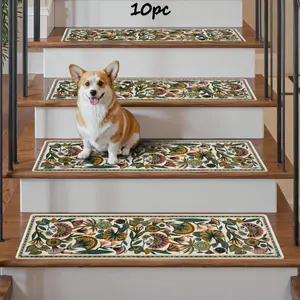 Non-Slip Stair Treads Set, 10/20 Pieces, Vintage Bohemian Floral Design, Soft Washable Rugs, 8x30in, Rustic Style, Indoor Use, Reusable
