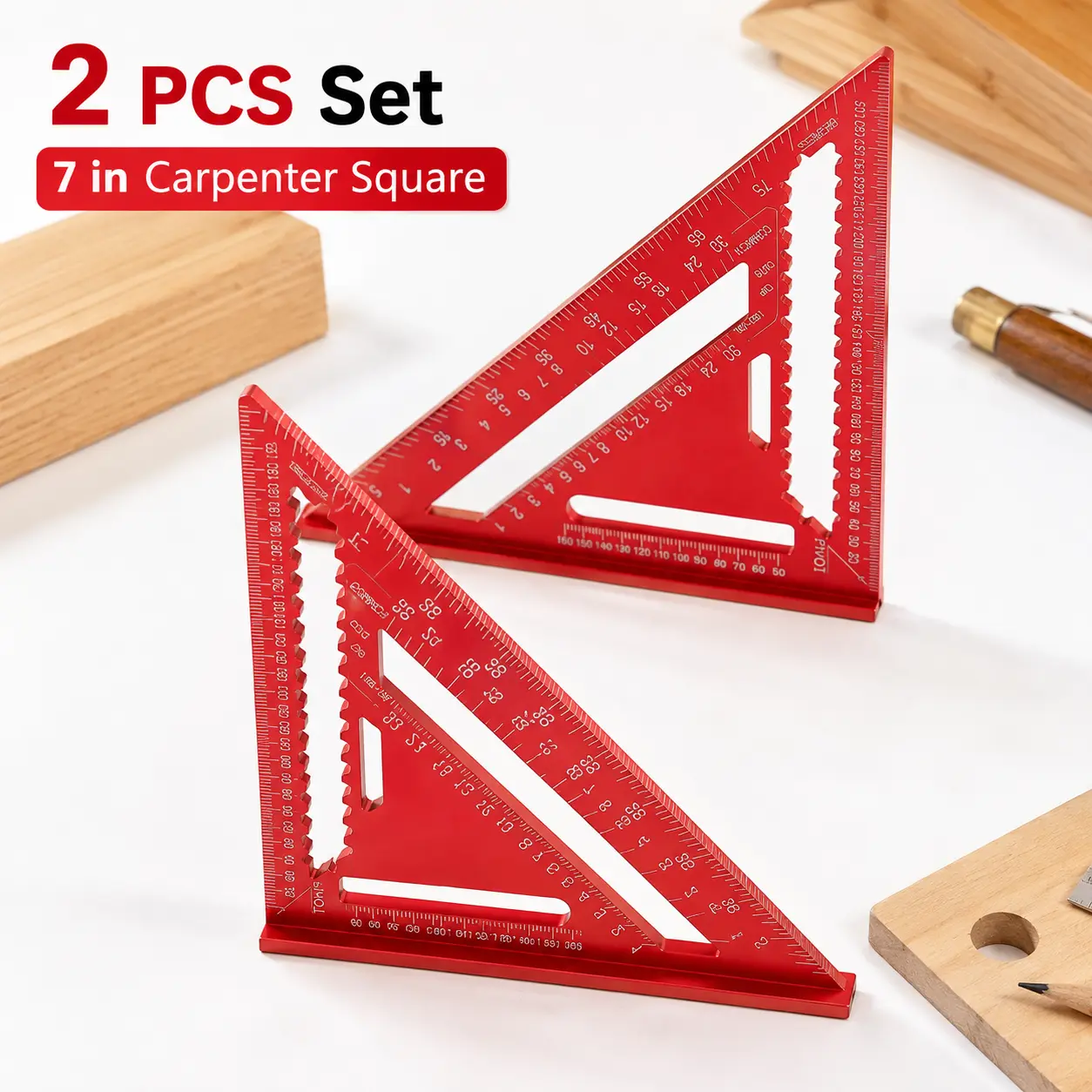 7-Inch Aluminum Alloy Adjustable Angle Carpenter Square - Rafter Triangle Ruler with 2 Pencils, Accurate Scale Calipers, Inches-Metric Layout Tool for Professional Carpentry & Furniture, Easy-to-Use Long-Lasting Hardware Measuring Tool
