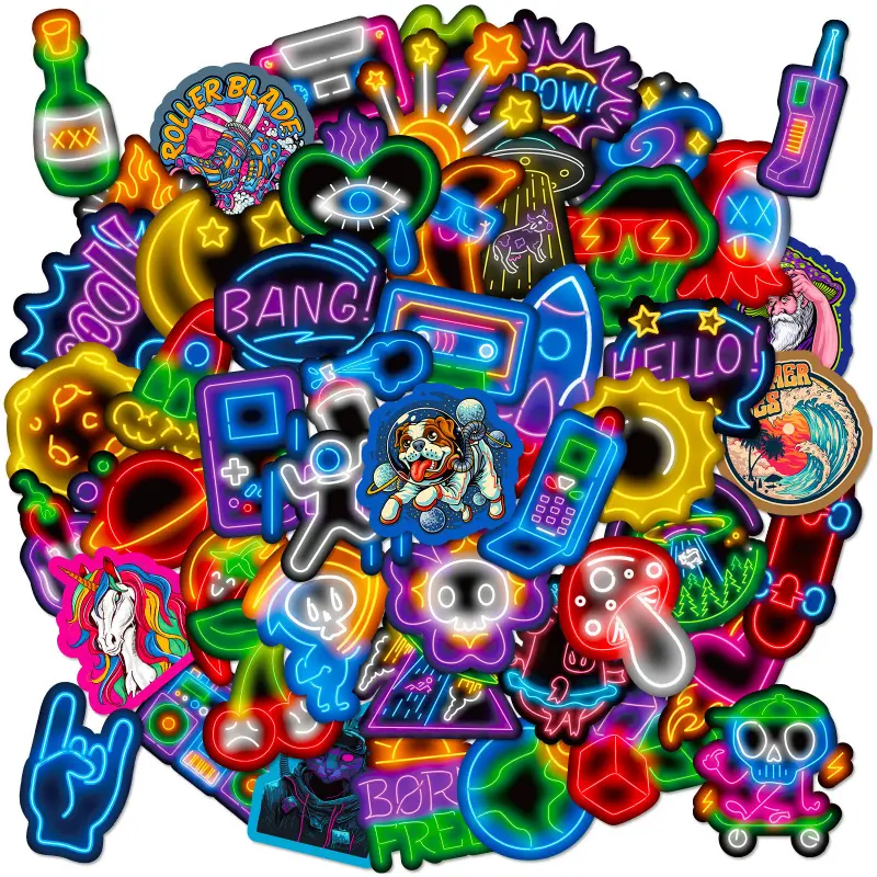 50 rocket neon cool stickers, neon light trendy brand stickers for luggage, water bottles, and motorcycles