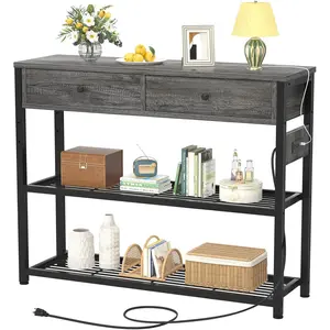 Entryway Table with Outlets and USB Ports, Small Console Table with 2 Drawers, Sofa Table with Storage Shelves for Living Room, Couch, Hallway, Foyer, Kitchen Counter, 32'', Grey Oak