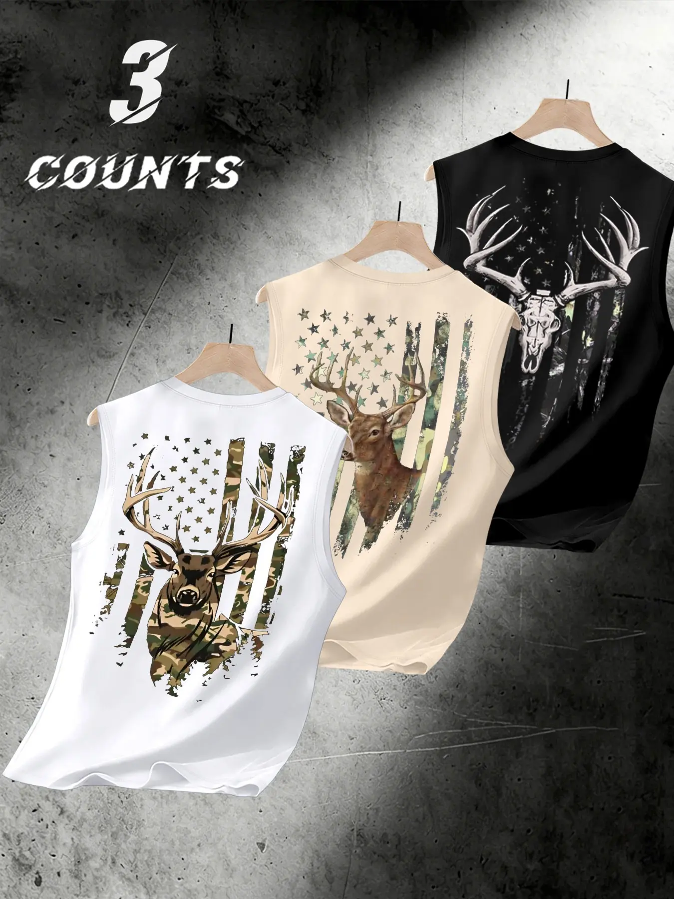 Men's Camouflage Sleeveless Vest Set, 3-Pack Deer Print Breathable Casual Sports Fitness Tops, Sports Tank Tops, Sleeveless Gym Tops, Loose-Fit Street Style T-Shirts, Sleeveless Sports Vests, Sleeveless Sports Wear