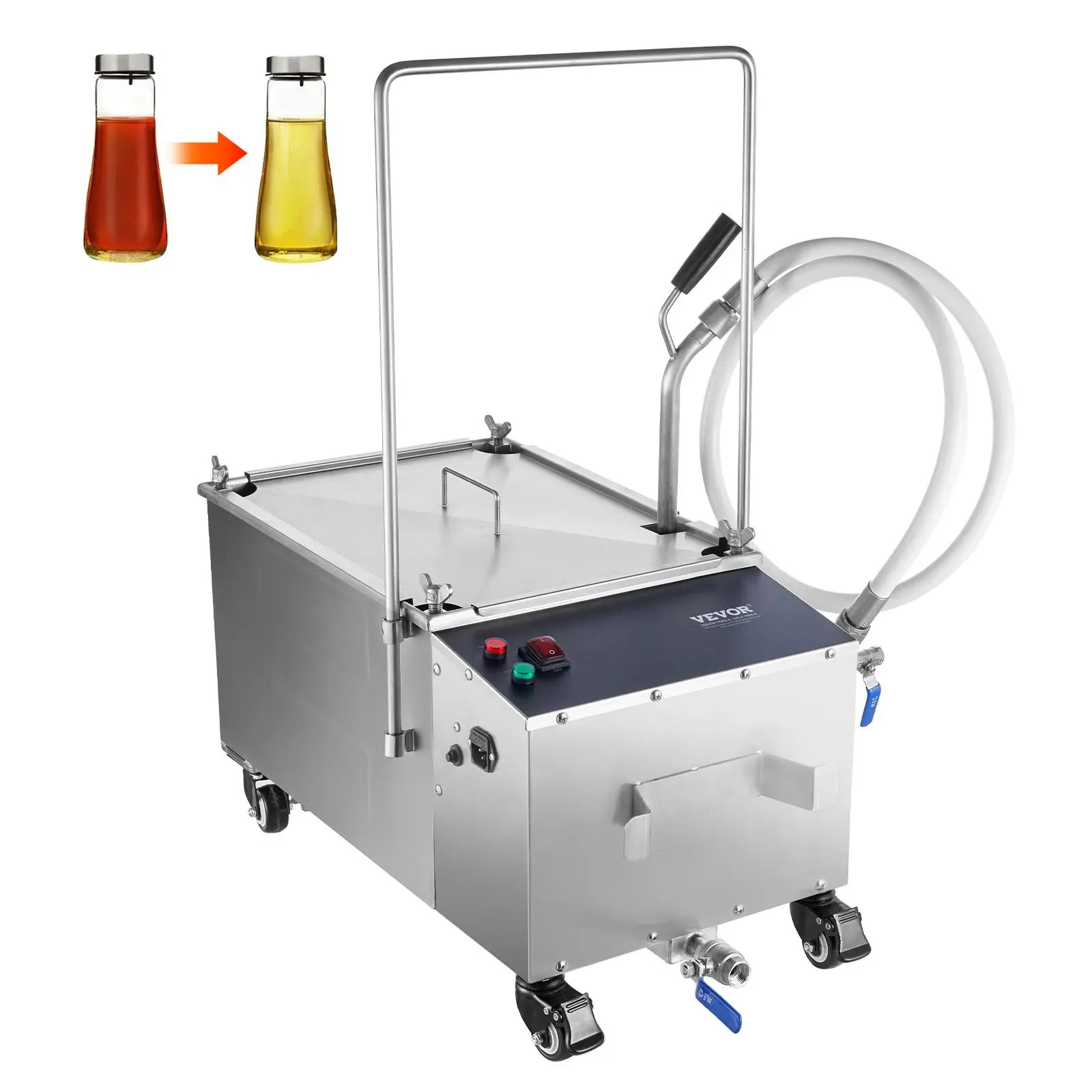 VEVOR Metal Portable Oil Filtering Unit, 38L Capacity, 10 L/min Speed, Compact Design 26.2"x15.7"x31.5", Swivel Casters & Oil Hose, Ideal for Restaurants & Carnival Concessions, 26.2" X 15.7" X 31.5"