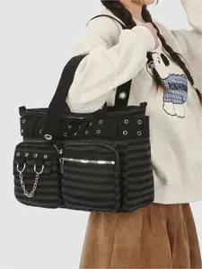 Dark striped punk-style crossbody bag, round chain strap, multi-pocket, large-capacity shoulder bag, fashionable and casual tote bag suitable for commuting, shopping, leisure outings, work, and everyday accessories, Hand Shoulder Bag, Cross body bags