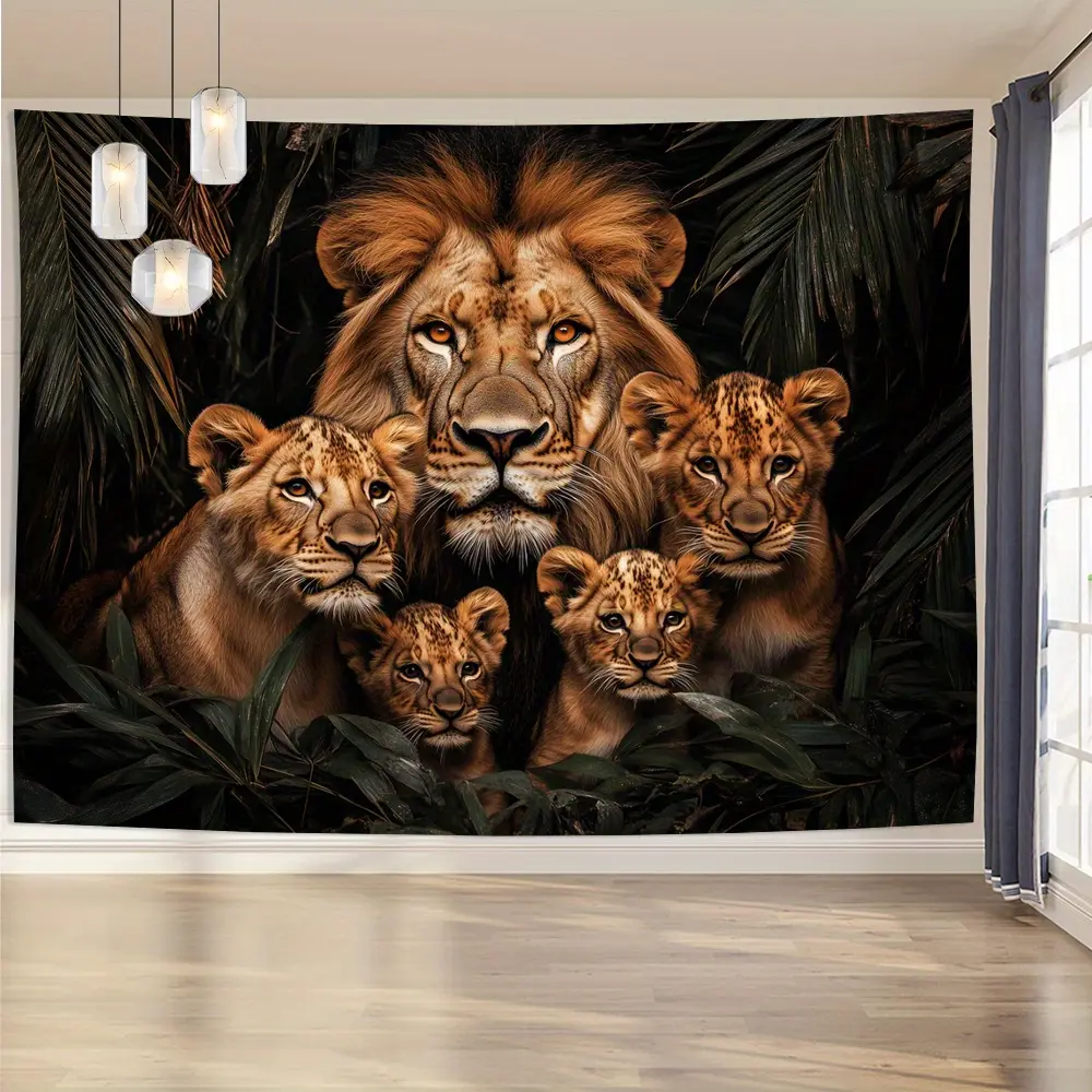 3D Lion Family Polyester Wall Tapestry - Vintage Style, No Feather, No Power Required, Perfect for Living Room, Room Decor, Creative Gift Idea for Home Decoration