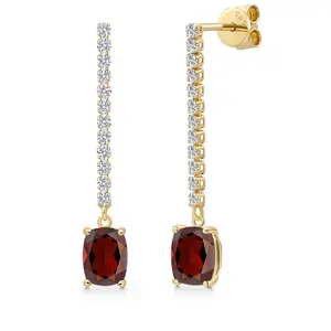 Gem Stone King 14K Yellow Gold Cushion Cut Gemstone Birthstone and White Lab Grown Diamond Long Liner Dangle Earrings for Women | Cushion 7X5MM | Round 1.5MM | Yellow Gold Chain Drop Earrings