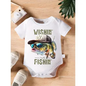 Baby "Wish I Was Fishing" Printed Casual Short Sleeve Triangle Jumpsuit, Toddler and Baby Boy Comfortable Outdoor Clothes, for Outdoor