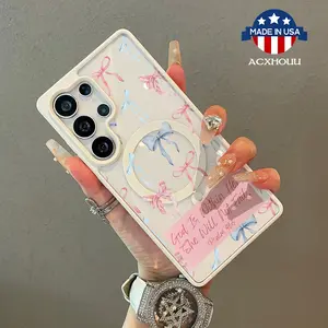 Adorable Magnetic Case for Samsung S22/23/24/25 plus ultra Bow label text MagSafe Compatible, Lightweight, Anti-Fall | Girly & Chic Style