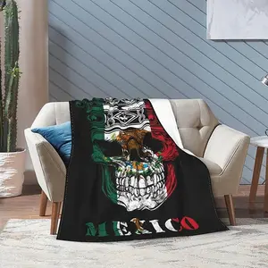 Soft Flannel Shawl Blanket with King Skull and Mexican Flag Pattern - Perfect for Sofa, Bed, Sofa Decoration |   Machine washable, four-season comfort