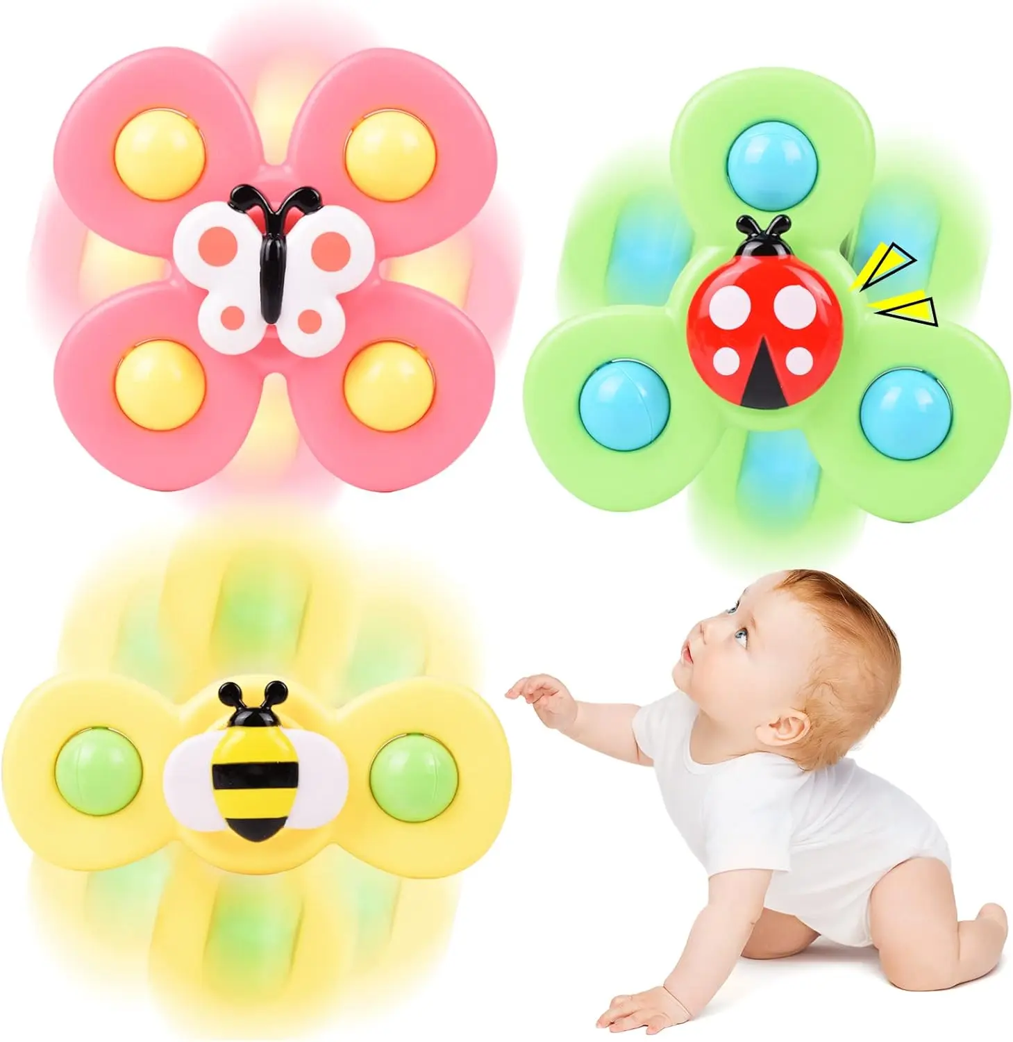 Suction Cup Spinner Toys for Babies 1 2 Year Old, 3 Pack Sensory Fidget Spinners for Toddlers 1 3, Montessori Bath & High Chair Toys for 12–36 Months Kids, Travel Car Window Toy (Colorful)