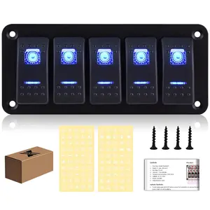 5 Gang Rocker Switch Panel Waterproof Pre-Wired Blue Backlit Toggle ON/Off Switch for Boat Marine Automotive RV Truck Trailer 12-24V