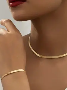 2pcs Necklace And Bracelet Set Flat Herringbone Chain Jewelry Set Featuring a Flat Snake Bone Chain with Golden Blades, Masterful Craftsmanship, Suitable for Weddings, Engagements, Or Holiday Parties, Fashion Jewelry