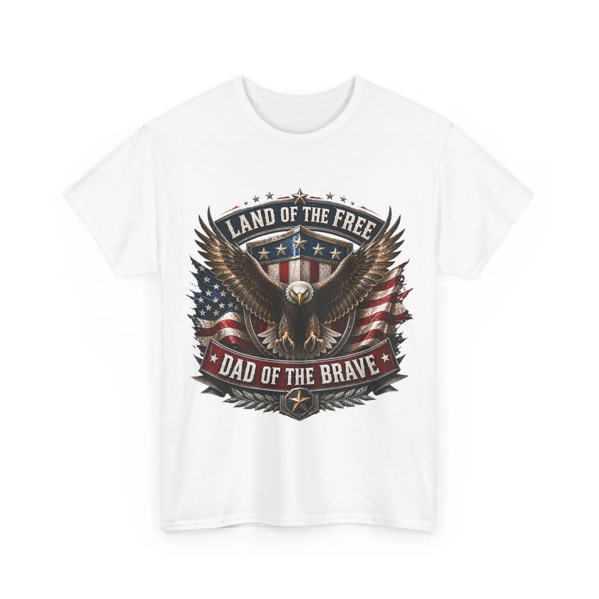 Men's "Land of the Free Dad of the Brave" T-Shirt, Patriotic Distressed American Flag Eagle Graphic, Soft Short-Sleeve Round Neck Tee for Dads