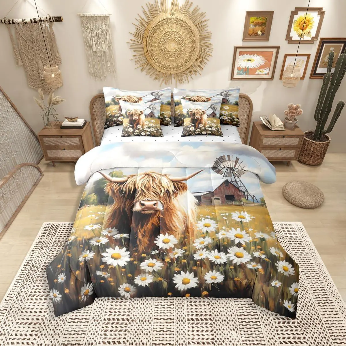 Feelyou 7-Piece Retro Highland Cow Comforter Set with Sheets - Garden Daisy Floral Bed-in-A-Bag, Machine Washable, Rustic Farmhouse Decor, Farmhouse Home Decor for Cozy Bed Setup (Kids Bedroom Use)