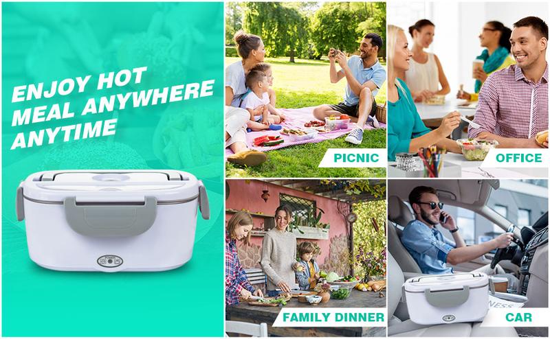 Electric Lunch Box for Adults, 1.5L 60W Leakproof Heated Lunch Box | 12/24/110/220V Portable Food Warmer for Car, Truck, Office with SS Fork&Spoon and Insulated Carry Bag , Lonchera Para Trabajo