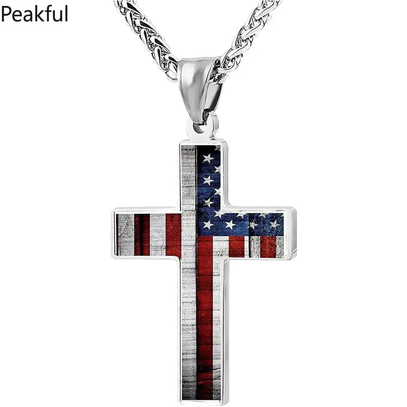 American Flag Cross Pendant Necklace, Trending Stainless Steel Religious Jewelry, Exquisite Patriotic Neckwear for Men & Women, rust-resistant material, versatile to match outfits, ideal for daily wear, religious gatherings and holiday gift giving