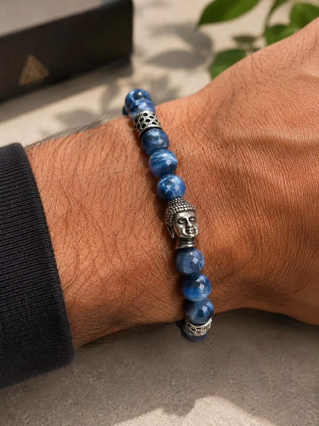 Handmade Blue Kyanite Bracelet with Oxidized Sterling Silver Buddha Charm