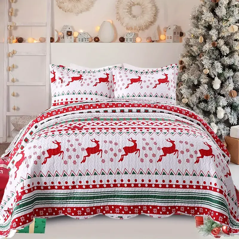 Christmas Quilt Bedspread Set - 2/3-Piece Flat Weave Snowflake Print Microfibre, Skin-Friendly, Machine Washable, King/Queen Multi-Size for Home Bedroom Holiday Decorations, Multi-Size Sets