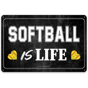 Room Decor 1 piece "Softball is Life" Vintage Metal Sign, 12x8 inches, Waterproof & Weatherproof Wall Art, Heart & Baseball Design, Ideal for University Dorms, Bars, Cafes, Garages, Farmhouses - Black Retro Poster Gift, Baseball Room Decor