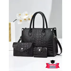 Women's Fashionable Crocodile Embossed Handbag & Clutch Bag & Wallet, Casual Versatile PU Leather Bag Set, Trendy High-quality Daily Commuting Bag
