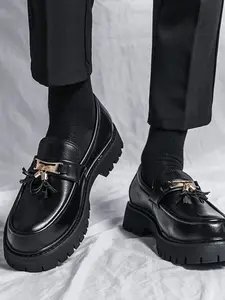 Men's Matte Thick Sole Loafer Shoes, Fringe Design, Slip-On Leather Formal Shoes, Suitable for Office, Business and Casual Wear, Footwear