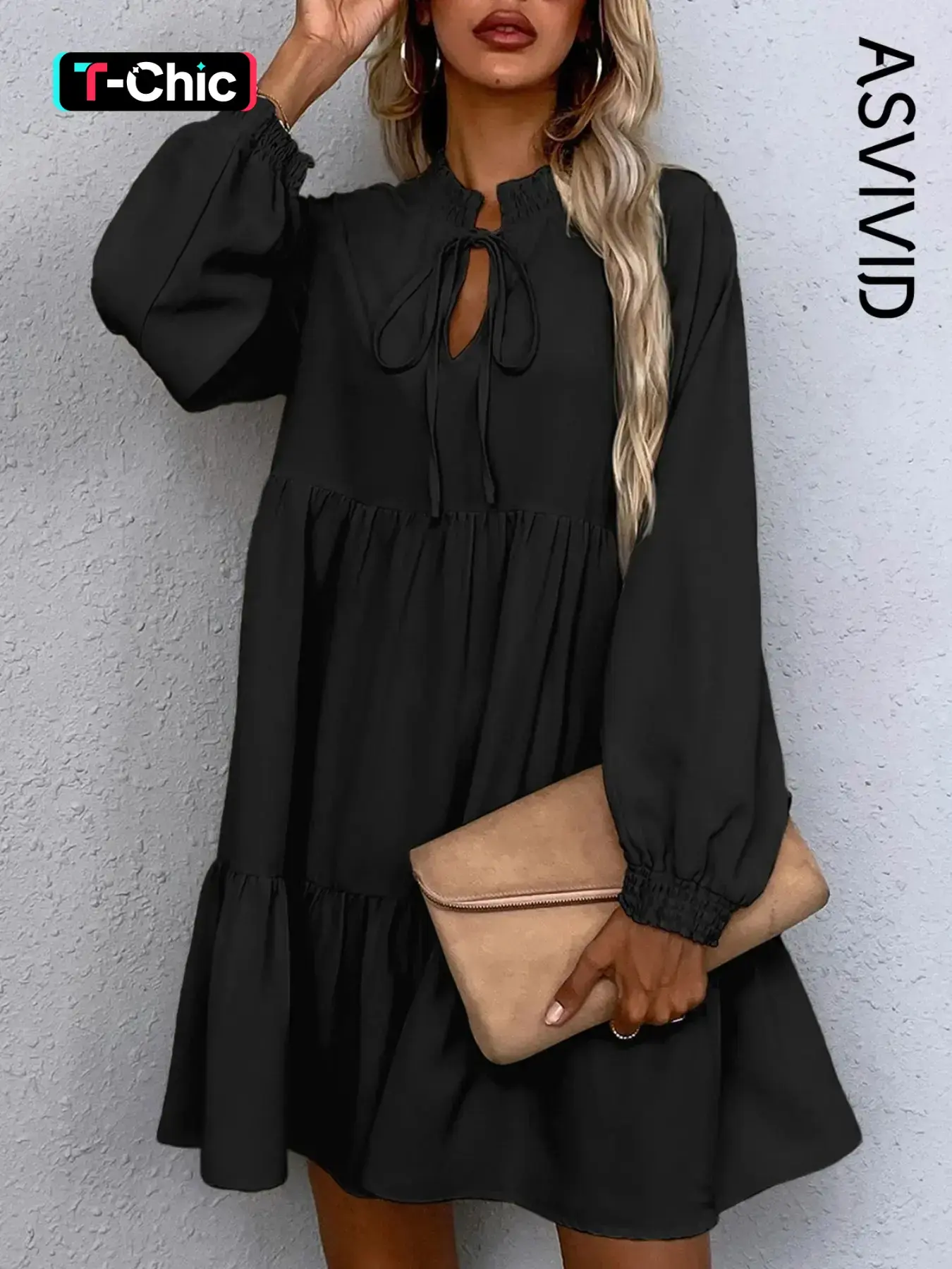 Women's Casual Feminine Ruffle Hem Smocked Dress, Long Sleeve Puff Design, Tie Split Neck, Fall & Winter Fashion, Comfortable and Stylish