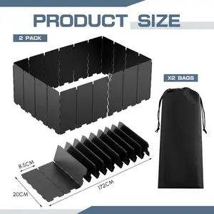 2 Pcs 40 Plate Chafing Wind Stove Dish Camping Guard 67 x .8'' Stainless Steel Folding Outdoor Windscreen with Drawstring Bag for Camp Picnic  Guard (Black)