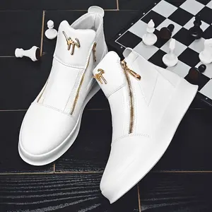 Men'S White High-Top Casual Sneakers - Breathable Synthetic Upper, Thick Rubber Sole, Lace-Up British Style for All-Season Versatility, Outdoor & Casual Attire, High Top Sneakers, Laceup Footwear, Durable Traction Footwear