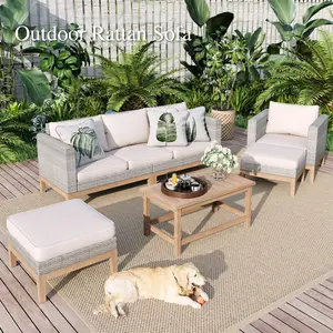 Phivilla 5-Seater Patio Rattan & Acacia Wood Conversation Set with Comfortable Seating and Natural Wood Finish Outdoor Sofa