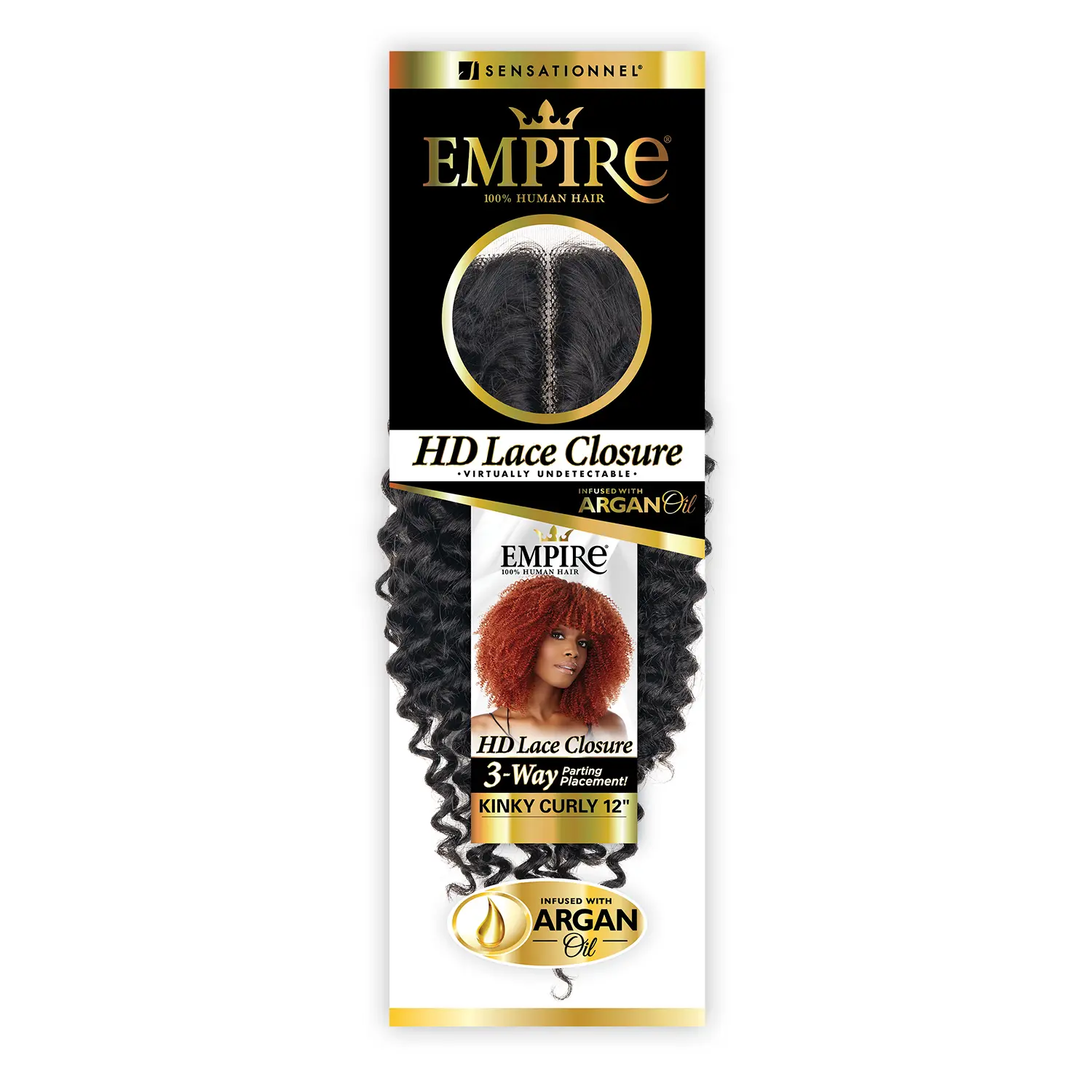 Sensationnel Empire Kinky Curly Human Hair Lace Closure, 12 Inches, Soft Hand-Tied HD Lace with 3-Way Parting, Argan Oil Infused, Hand-Tied Lace, Hair Weaves