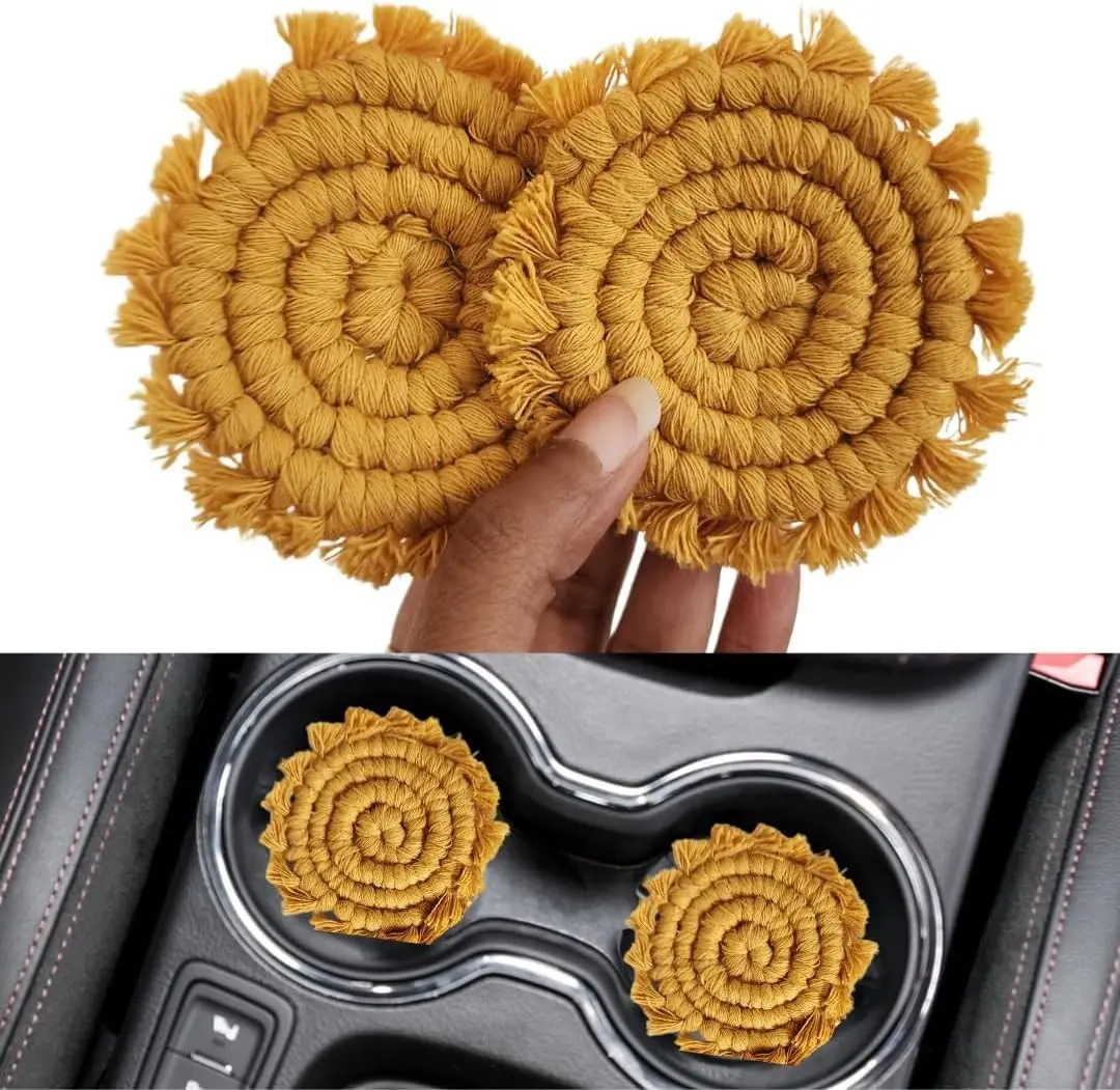 Women's 2-Piece Macrame Cotton Round Car Coasters, Cute Boho Car Cup Holder Accessories (Sunshine Yellow), Round Coasters
