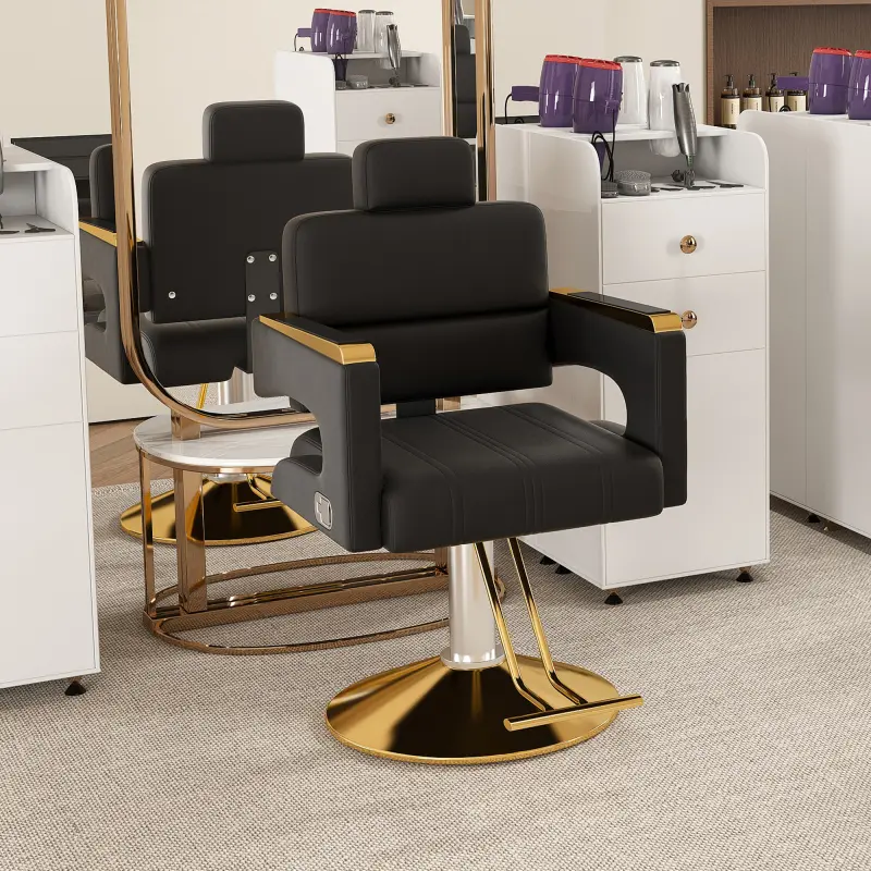 Commercial Salon Hydraulic Styling Chair - 360° Swivel Base, Reclining Adjustable Backrest, Stainless Steel Arms, PVC Upholstery, Black & Gold, for Barbershop & Home Use