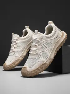 Men's Solid Color Mesh Breathable Outdoor Hiking Shoes Drawstring Toe Cap Trekking Shoes Non-Slip Wear-Resistant Casual Sneakers