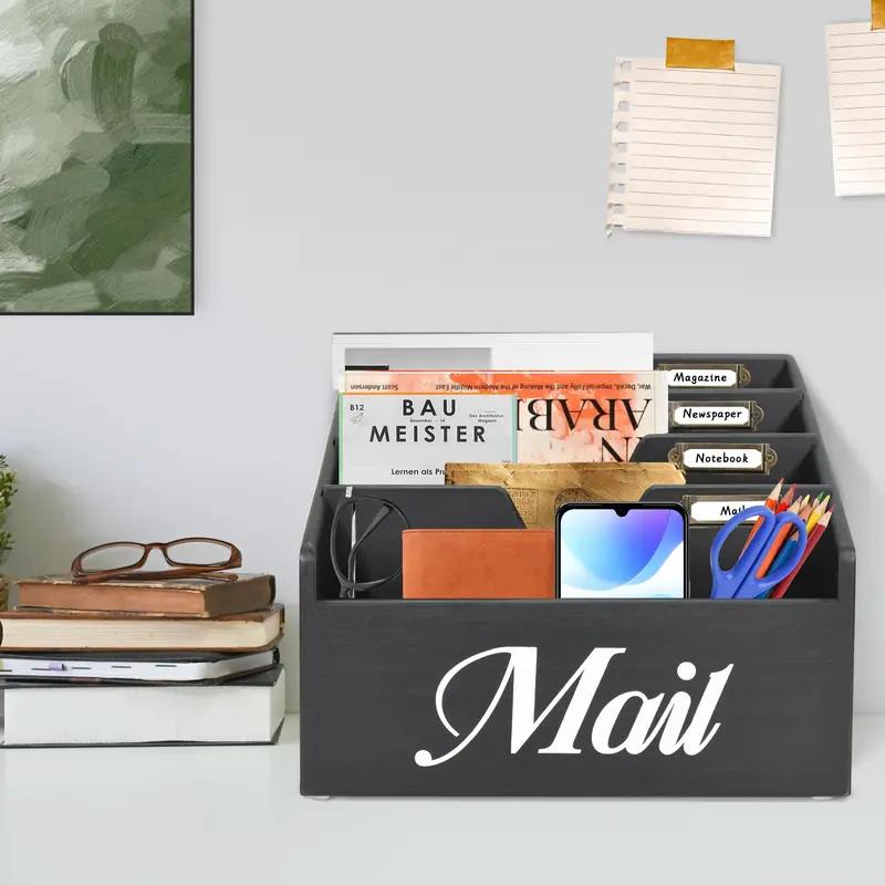 Mail Organizer Countertop, Mail Holder with 4 Slots, Mail Sorter for Desk, Wooden Office Desk Organizer, Mail Organizer for Magazines, Files, Papers, Folders, Rustic White and Black Free Gift