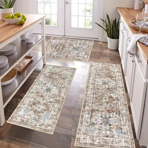 3pcs Bohemian Kitchen Rug Set, Washable Floor Mats for Low-Profile Areas, Suitable for Kitchens, Laundry Rooms, and Hallway Decor